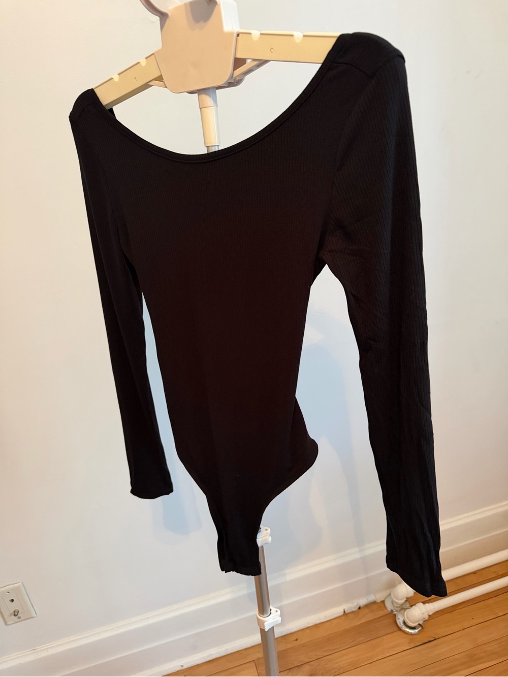Black Ribbed Long Sleeve Cross-Back Bodysuit